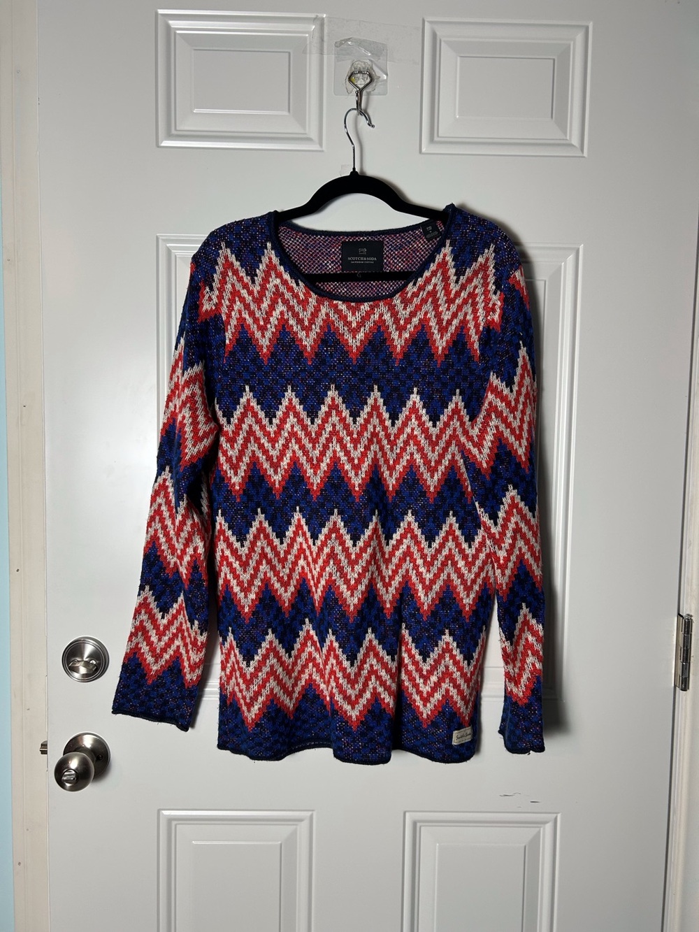 Scotch Soda Chevron Knit Crewneck Sweater - Blue/Red/White S Rolled Edges Hippie